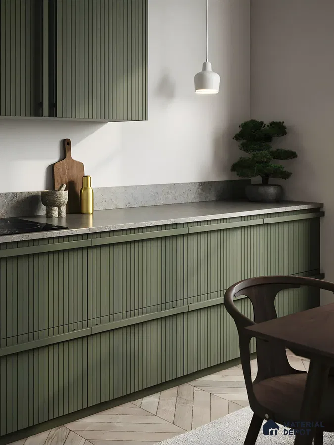 Modern Kitchen with Olive Green Fluted Cabinets and Natural Accents | Material Depot