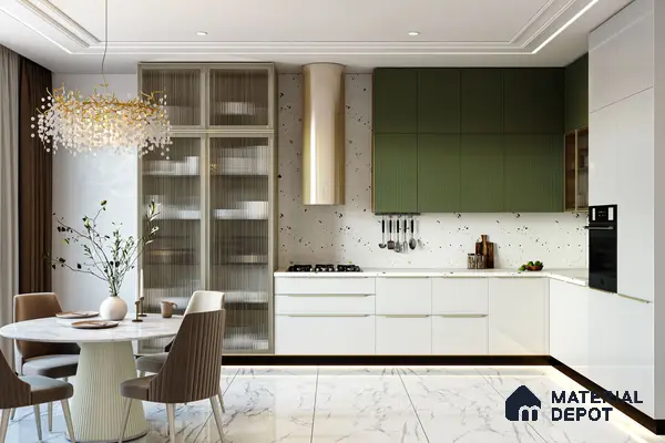 Modern kitchen with olive green fluted laminate, frosty white laminate, terrazzo backsplash, and marble floor tiles in Bengaluru | Material Depot