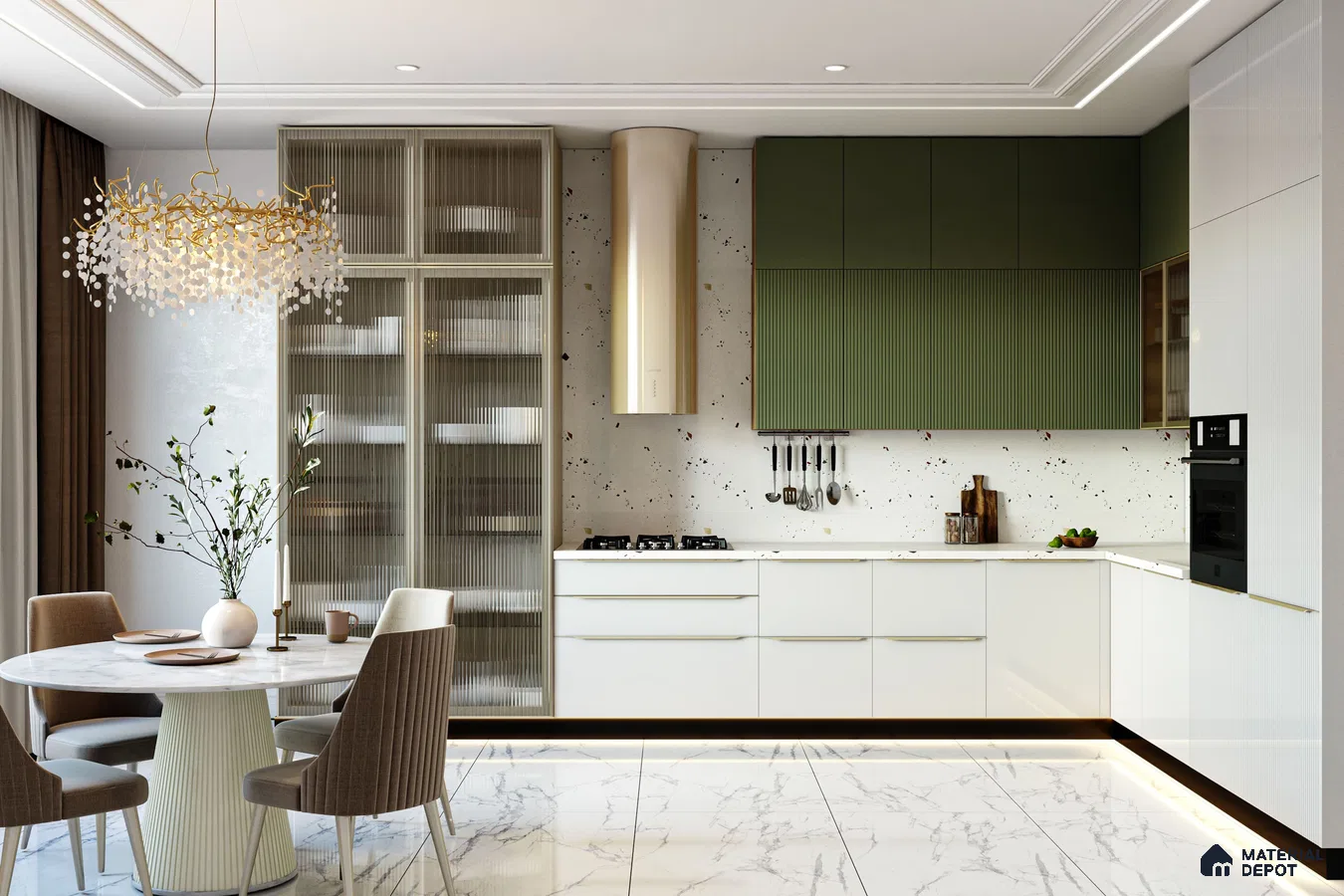 Modern kitchen with olive green fluted laminate, frosty white laminate, terrazzo backsplash, and marble floor tiles in Bengaluru | Material Depot