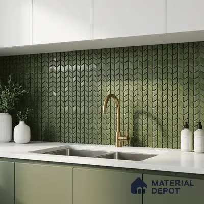 Modern kitchen with olive green geometric backsplash tile and white quartz countertop