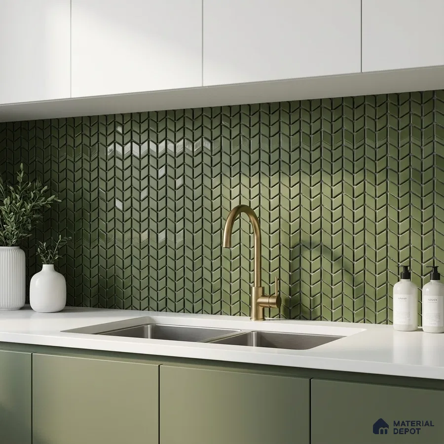 Modern kitchen with olive green geometric backsplash tile and white quartz countertop