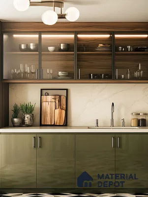 Modern Kitchen with Olive Green Glossy Cabinets and Wooden Upper Shelving | Material Depot