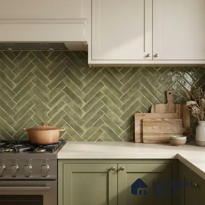 Modern kitchen with olive green herringbone backsplash tile and sage green laminate cabinets