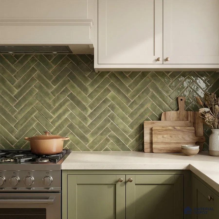 Modern kitchen with olive green herringbone backsplash tile and sage green laminate cabinets