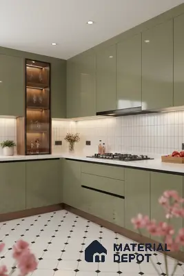 Modern kitchen with olive green high gloss laminate cabinets, white quartz countertop, and geometric white floor tiles in Bengaluru