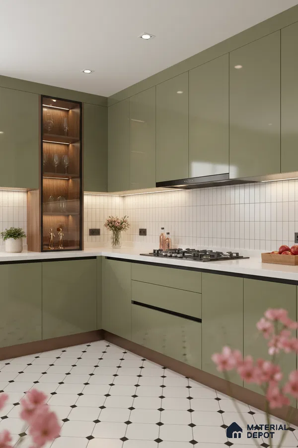 Modern kitchen with olive green high gloss laminate cabinets, white quartz countertop, and geometric white floor tiles in Bengaluru