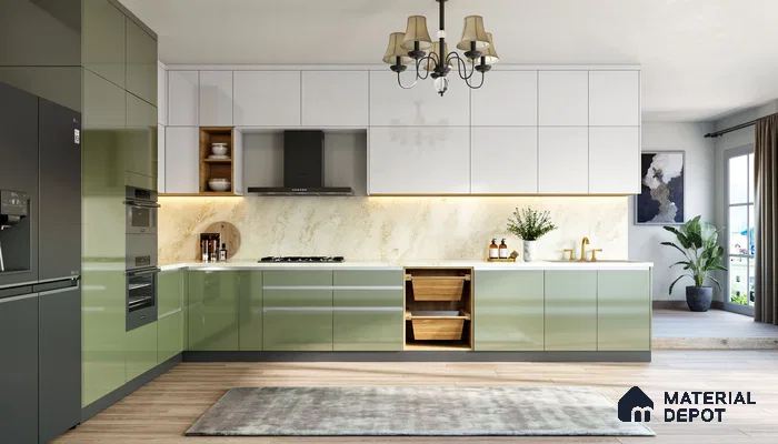 Modern kitchen with olive green high gloss laminate, frosty white laminate, and marble backsplash in Bengaluru | Material Depot