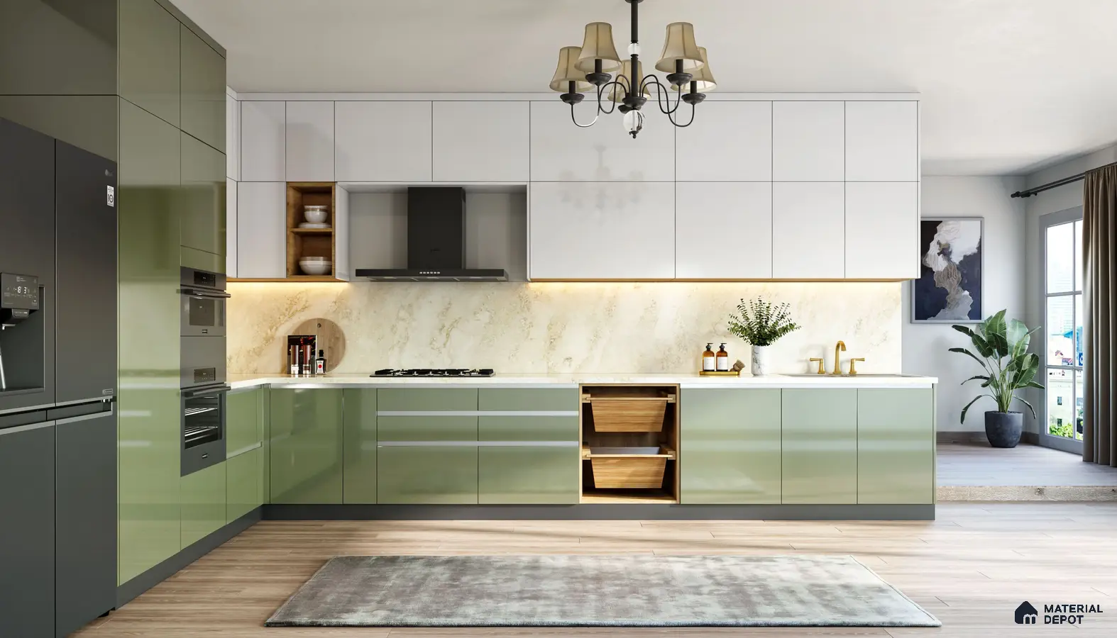 Modern kitchen with olive green high gloss laminate, frosty white laminate, and marble backsplash in Bengaluru | Material Depot