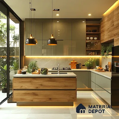 Modern kitchen with olive green high gloss laminate, natural oak wood laminate, and white quartz countertop in Bengaluru | Material Depot