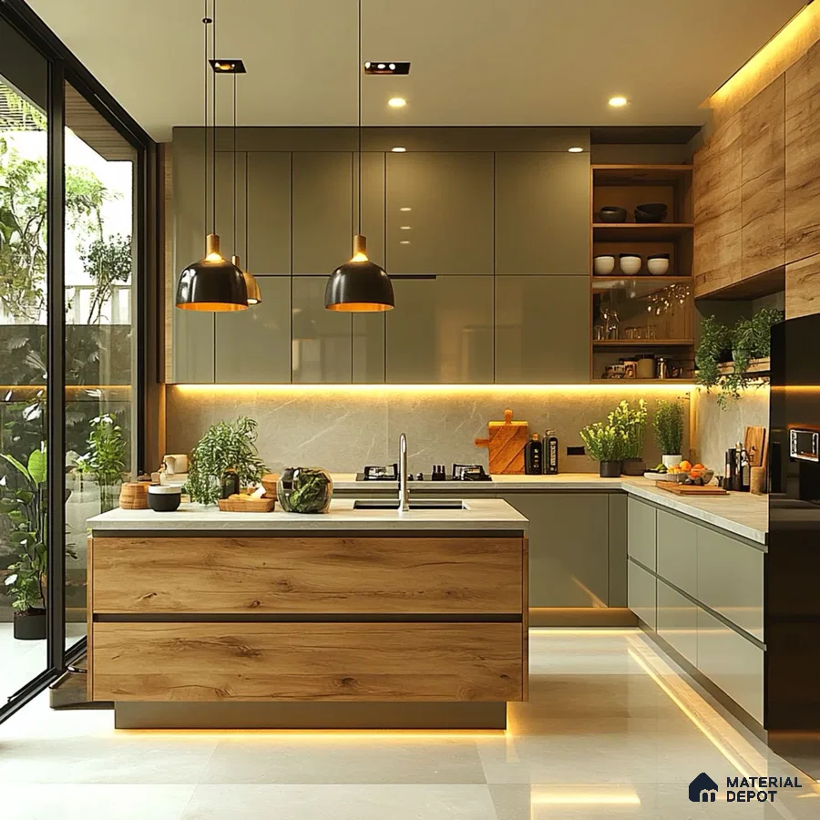Modern kitchen with olive green high gloss laminate, natural oak wood laminate, and white quartz countertop in Bengaluru | Material Depot