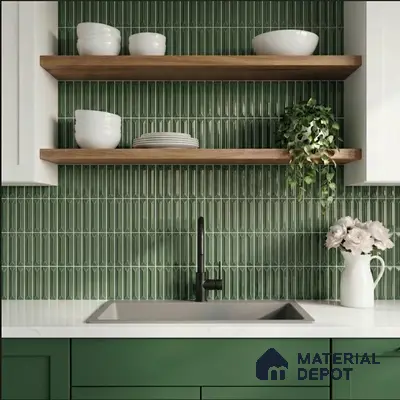 Modern kitchen with olive green kitkat backsplash tile, green laminate cabinets, and white quartz countertop