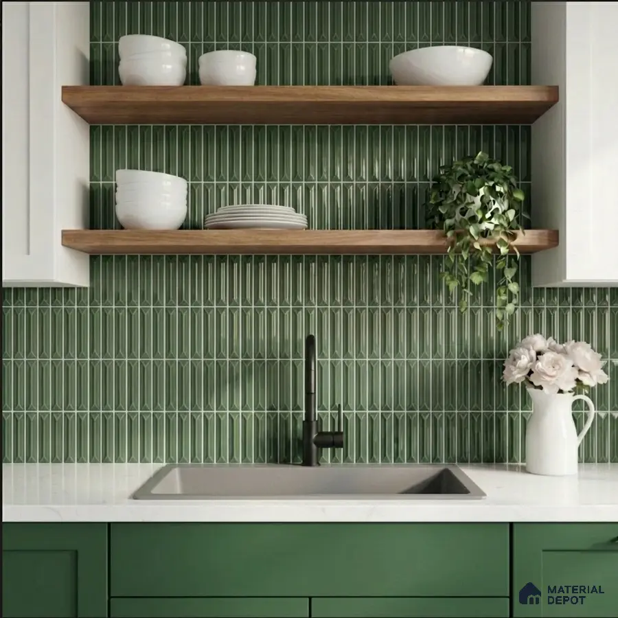 Modern kitchen with olive green kitkat backsplash tile, green laminate cabinets, and white quartz countertop