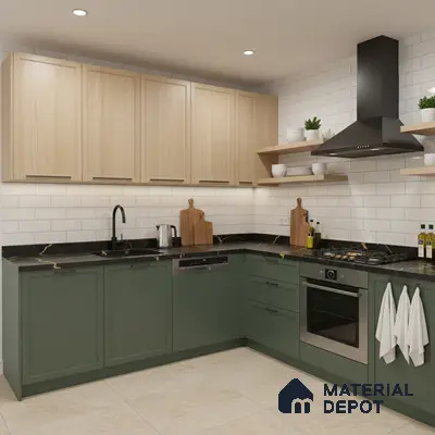 Modern kitchen with olive green laminate base cabinets, light oak laminate wall cabinets, black marble countertop, and white subway backsplash tiles in Bengaluru