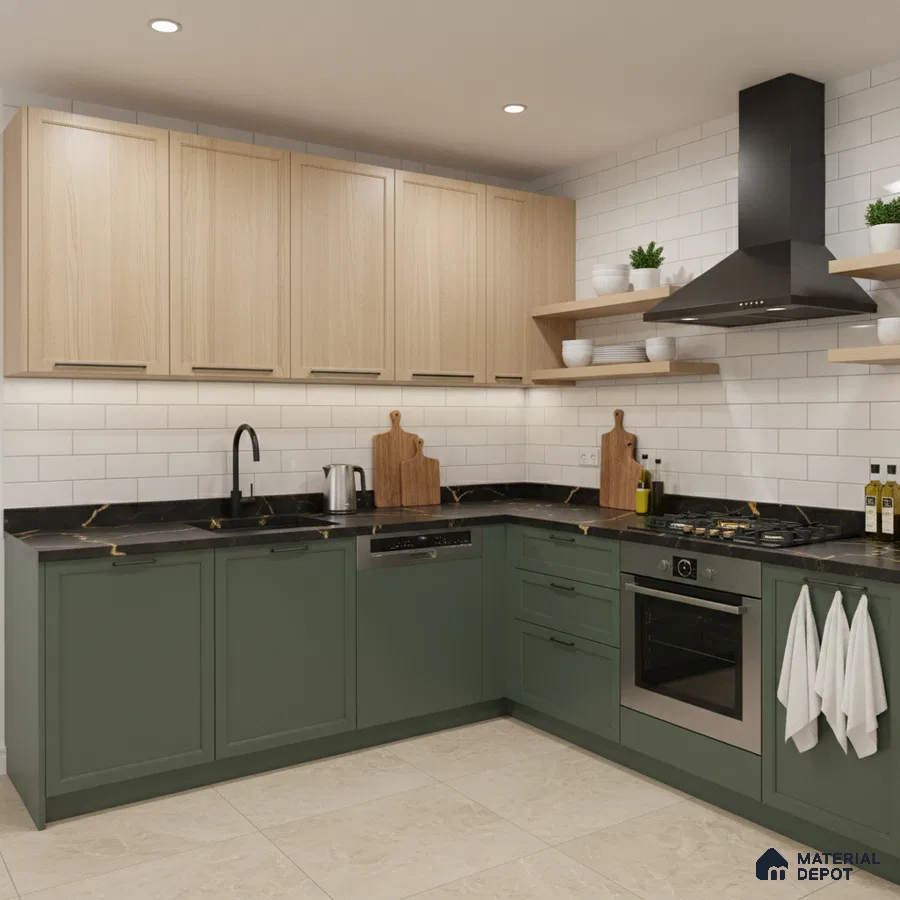 Modern kitchen with olive green laminate base cabinets, light oak laminate wall cabinets, black marble countertop, and white subway backsplash tiles in Bengaluru