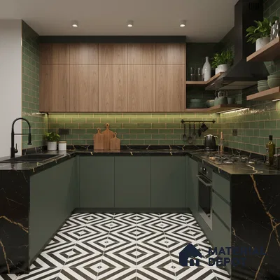 Modern kitchen with olive green laminate, black marble countertop, and geometric patterned floor tiles in Bengaluru