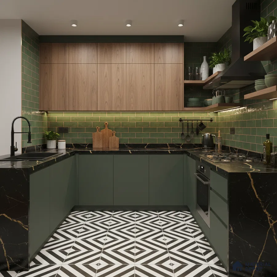 Modern kitchen with olive green laminate, black marble countertop, and geometric patterned floor tiles in Bengaluru
