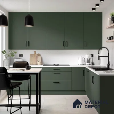 Modern kitchen with olive green laminate cabinets and white quartz countertop in Bengaluru | Material Depot