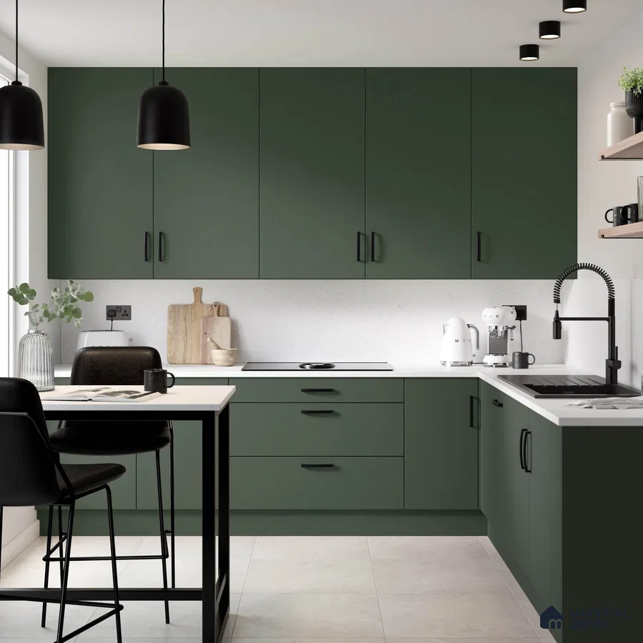 Modern kitchen with olive green laminate cabinets and white quartz countertop in Bengaluru | Material Depot