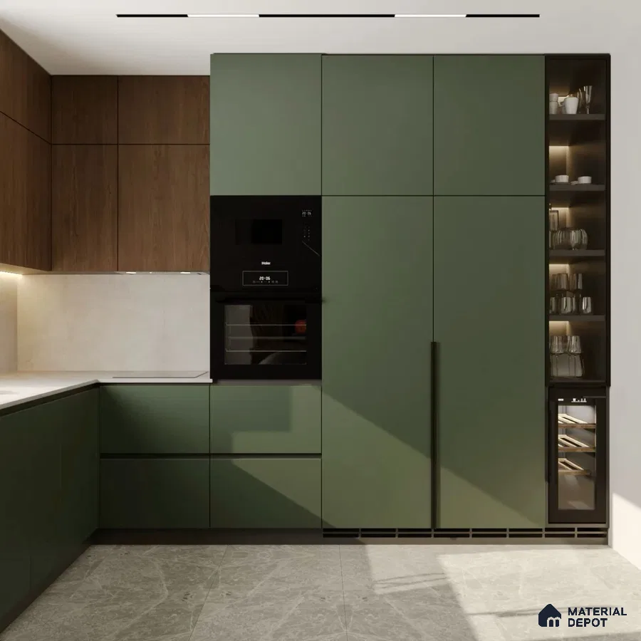 Modern kitchen with olive green laminate cabinets, walnut wood laminate, and grey marble floor tiles in Bengaluru | Material Depot