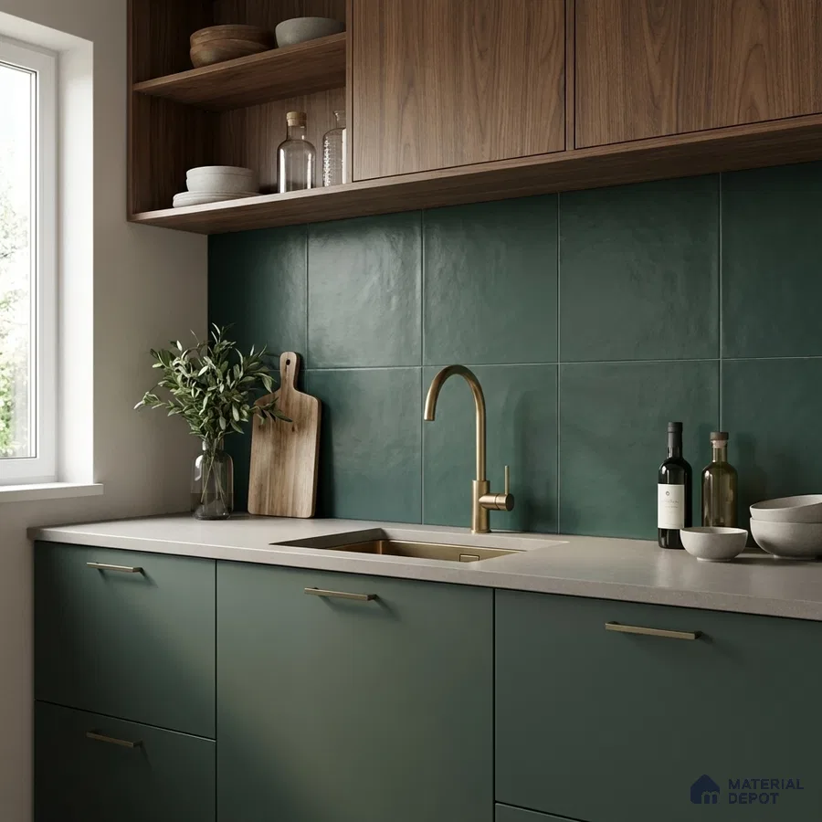 Modern kitchen with olive green laminate cabinets, walnut wood overheads, and matte green backsplash tiles