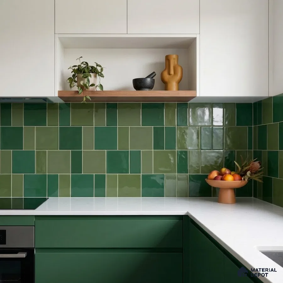 Modern kitchen with olive green laminate cabinets, white quartz countertop, and glossy green subway backsplash tiles