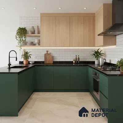 Modern kitchen with olive green laminate, light oak laminate, black marble countertop, and white subway tile backsplash in Bengaluru
