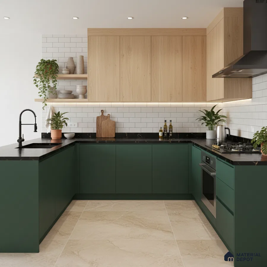 Modern kitchen with olive green laminate, light oak laminate, black marble countertop, and white subway tile backsplash in Bengaluru