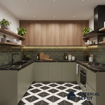 Modern kitchen with olive green laminate, walnut wood cabinets, black marble countertop, and geometric floor tiles in Bengaluru