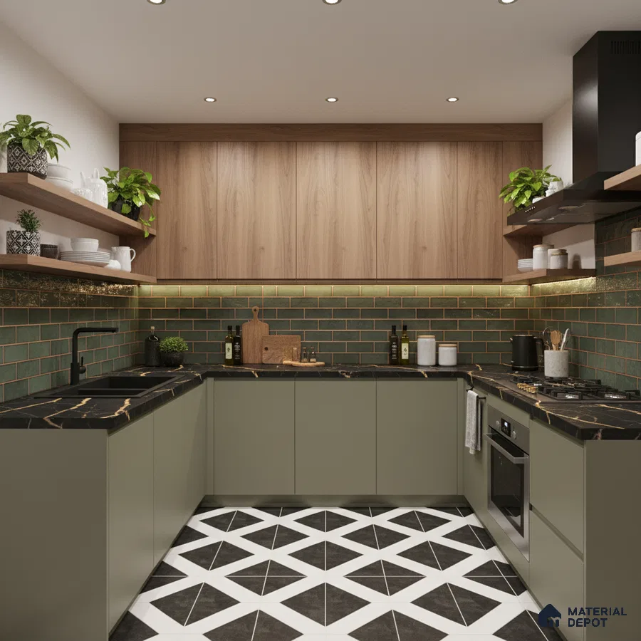Modern kitchen with olive green laminate, walnut wood cabinets, black marble countertop, and geometric floor tiles in Bengaluru