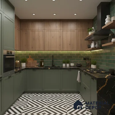 Modern kitchen with olive green laminate, walnut wood laminate, green subway backsplash tile, and geometric black-and-white floor tile in Bengaluru