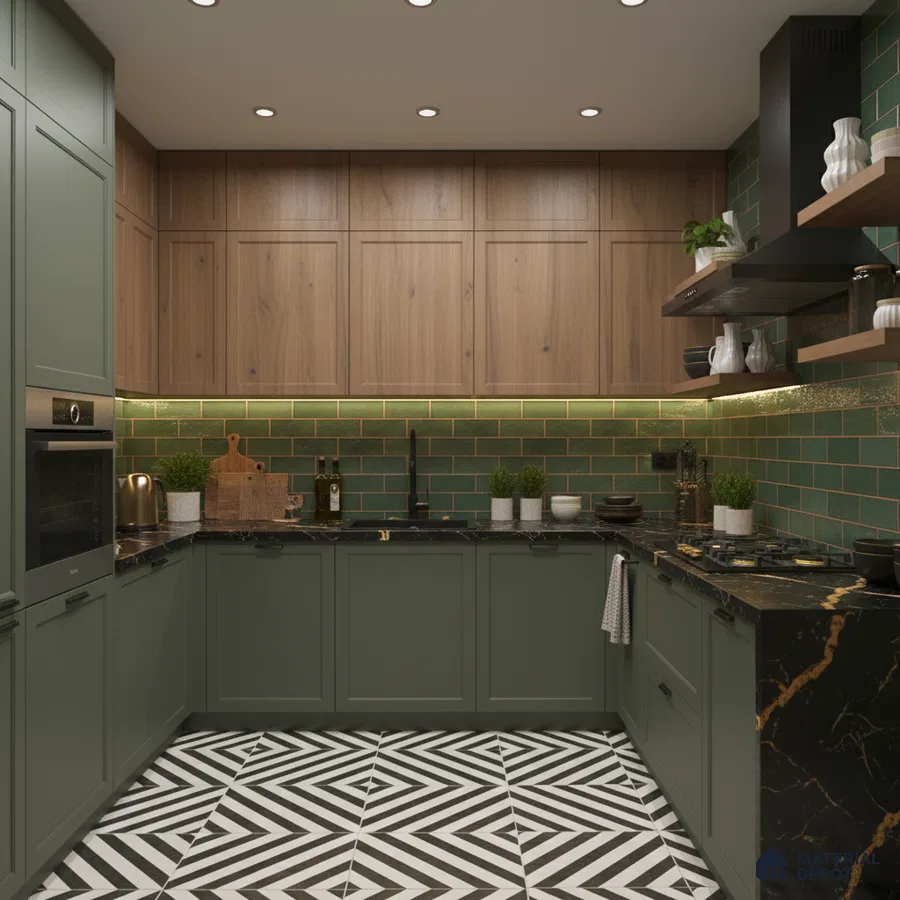 Modern kitchen with olive green laminate, walnut wood laminate, green subway backsplash tile, and geometric black-and-white floor tile in Bengaluru