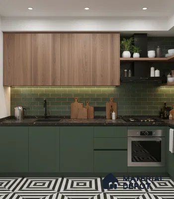 Modern kitchen with olive green laminate, walnut wood laminate, green subway tile backsplash, and geometric black-and-white floor tile in Bengaluru