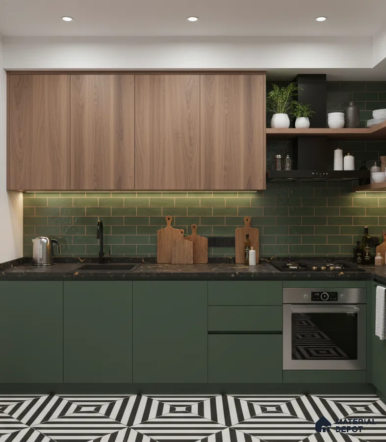 Modern kitchen with olive green laminate, walnut wood laminate, green subway tile backsplash, and geometric black-and-white floor tile in Bengaluru