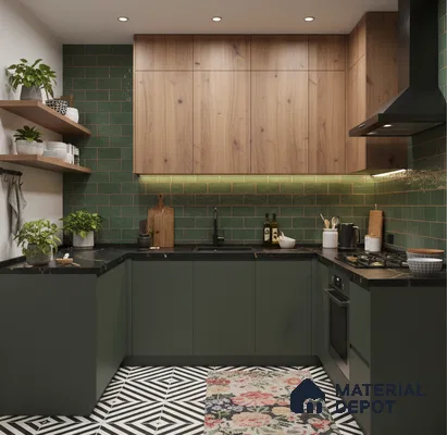 Modern kitchen with olive green laminate, walnut wood laminate, green subway tile backsplash, and geometric black-and-white floor tiles in Bengaluru