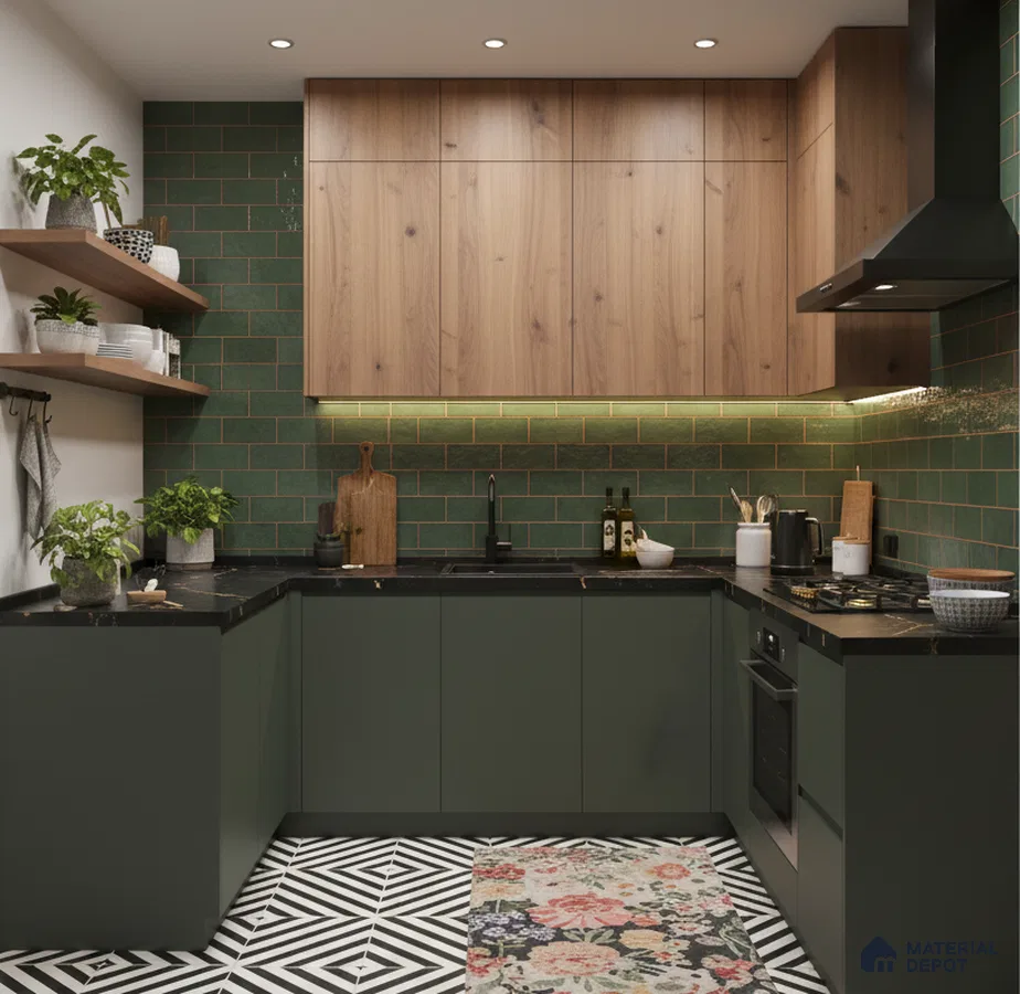 Modern kitchen with olive green laminate, walnut wood laminate, green subway tile backsplash, and geometric black-and-white floor tiles in Bengaluru