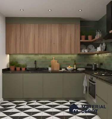 Modern kitchen with olive green laminate, walnut wood laminate, green subway tile backsplash, and geometric black-and-white floor tiles in Bengaluru