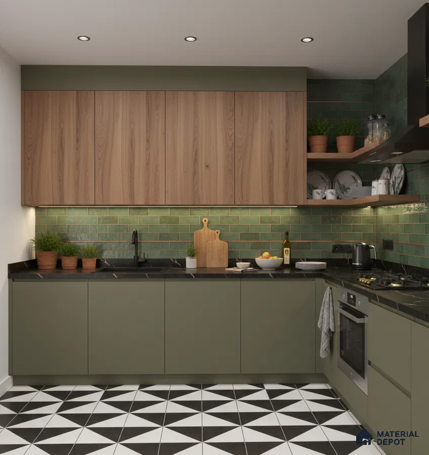 Modern kitchen with olive green laminate, walnut wood laminate, green subway tile backsplash, and geometric black-and-white floor tiles in Bengaluru