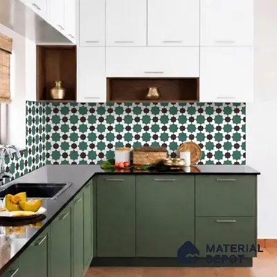 Modern kitchen with olive green laminate, white laminate, and geometric moroccan backsplash tiles