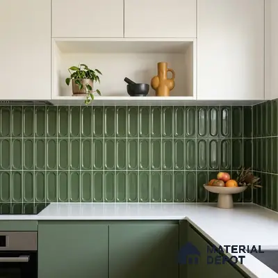 Modern kitchen with olive green laminate, white quartz countertop, and green elongated kitkat backsplash tile