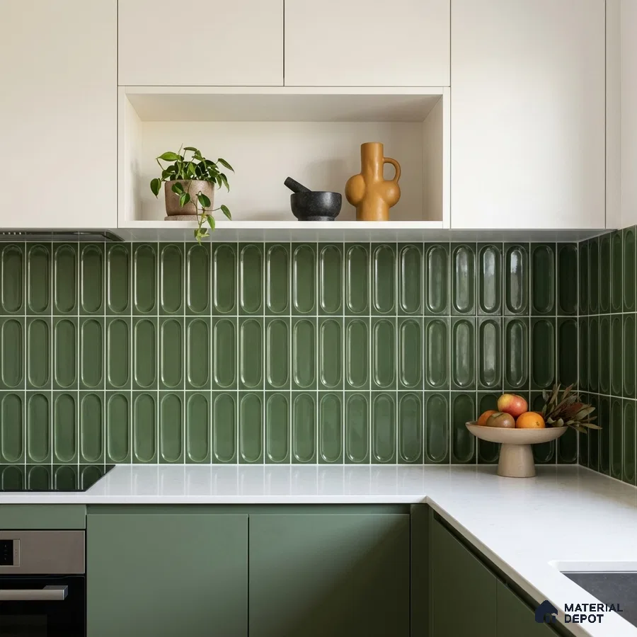 Modern kitchen with olive green laminate, white quartz countertop, and green elongated kitkat backsplash tile