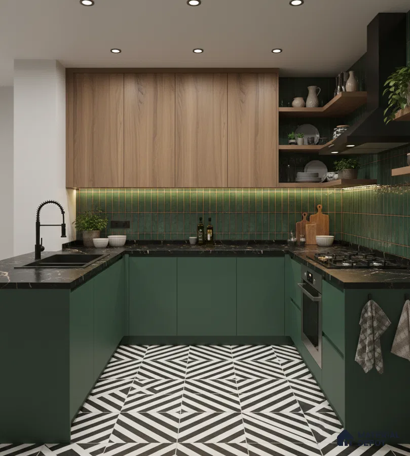 Modern kitchen with olive green laminate, wood grain laminate, geometric black-and-white floor tile, and green subway backsplash tile in Bengaluru