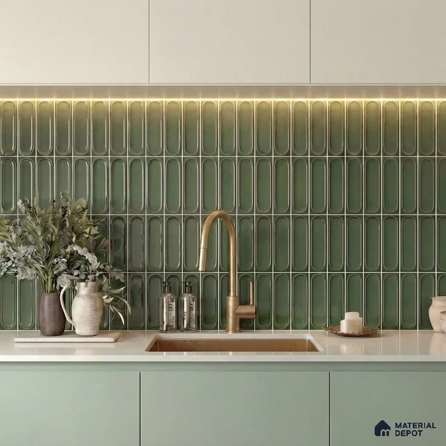 Modern kitchen with olive green popsicle backsplash tile and frosty white quartz countertop