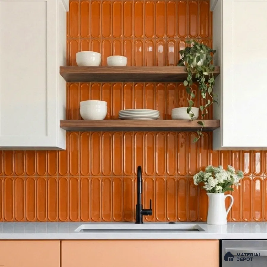 Modern kitchen with orange kitkat wall tiles, white quartz countertop, and peach laminate cabinets