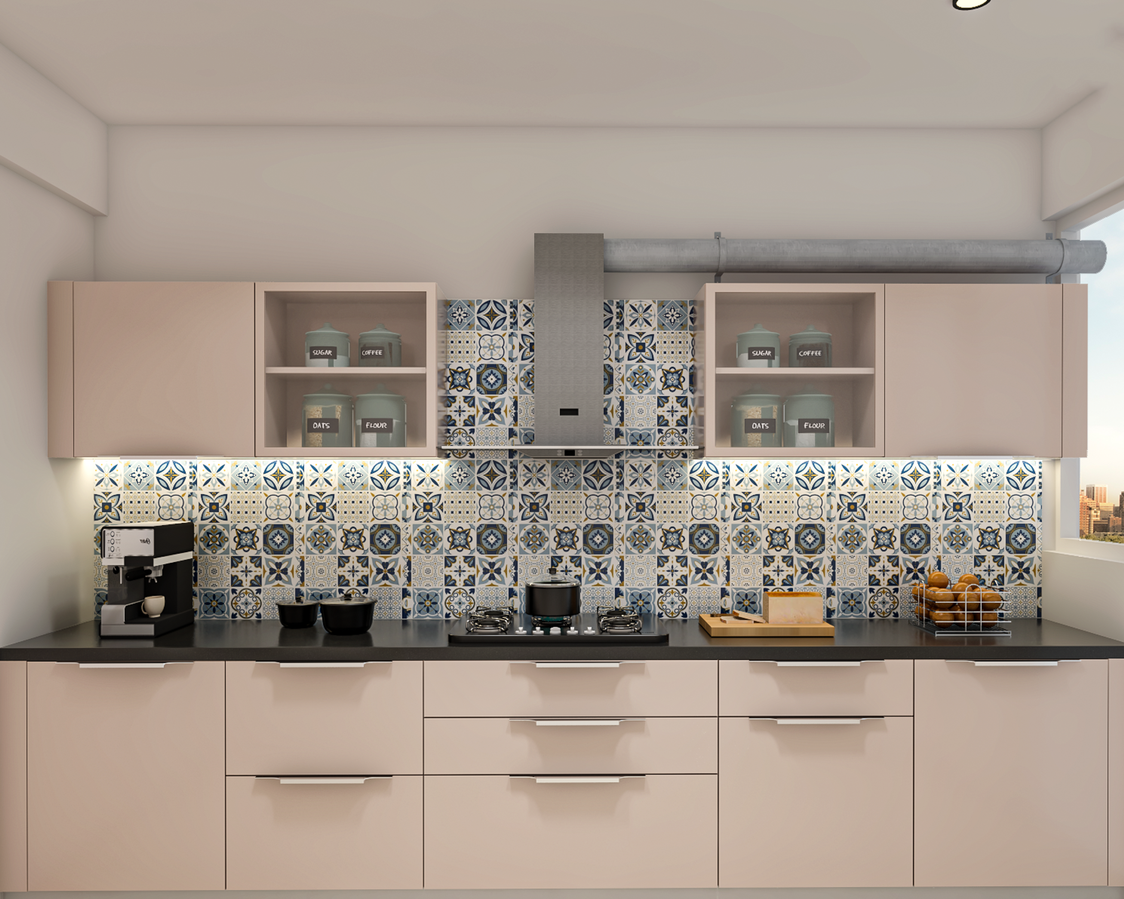 Modern kitchen with pastel beige laminate cabinets and blue patterned moroccan backsplash tiles in Bengaluru | Material Depot