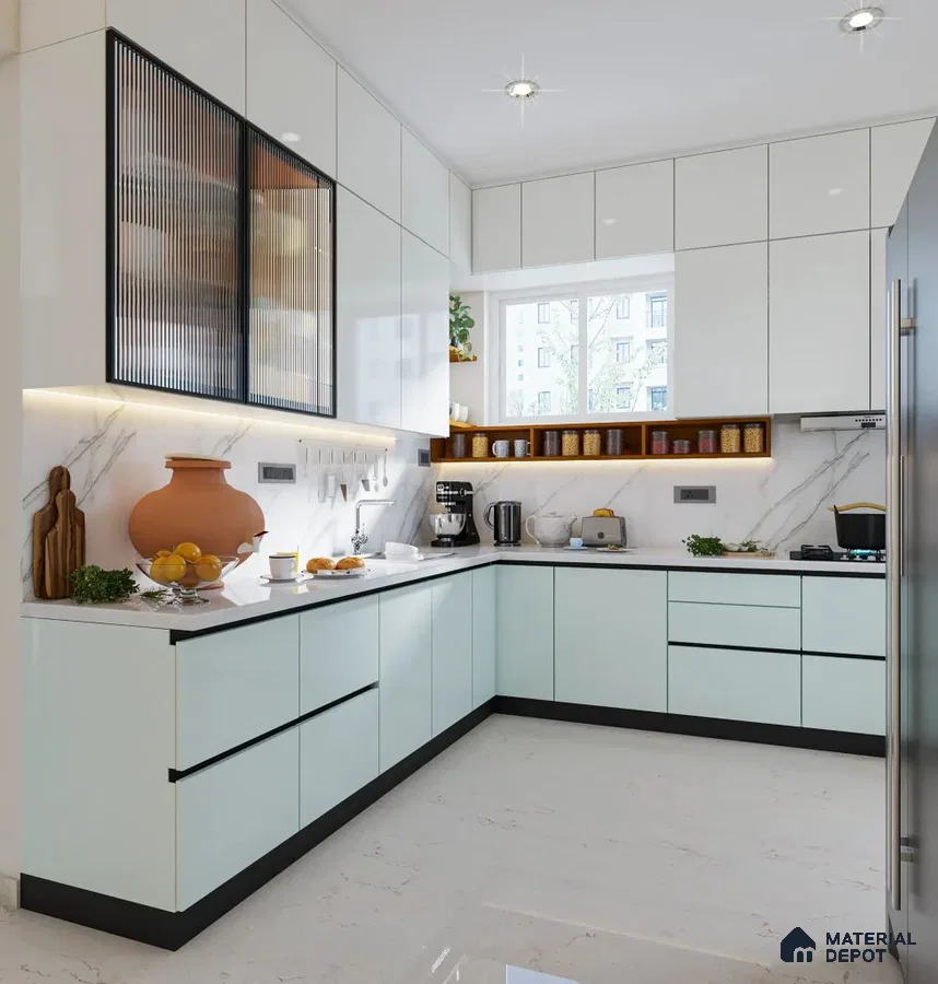 Modern kitchen with pastel blue and frosty white laminate, marble-look backsplash, and white quartz countertop in Bengaluru | Material Depot