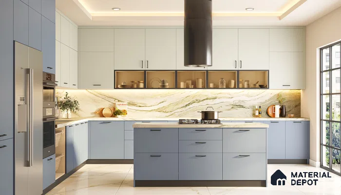 Modern kitchen with pastel blue and frosty white laminate, marble-look backsplash tile, and marble floor tile in Bengaluru | Material Depot