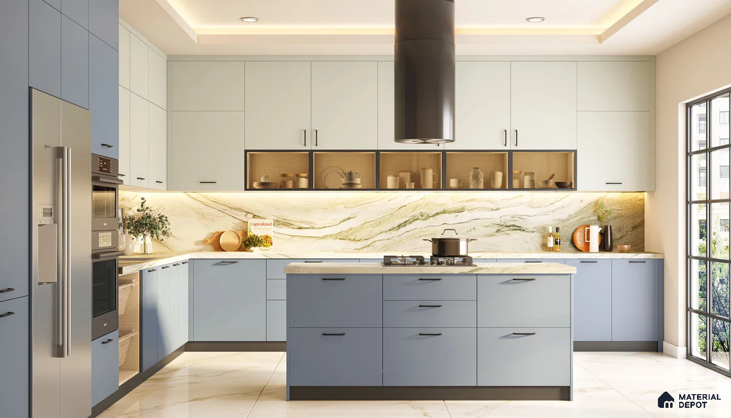 Modern kitchen with pastel blue and frosty white laminate, marble-look backsplash tile, and marble floor tile in Bengaluru | Material Depot