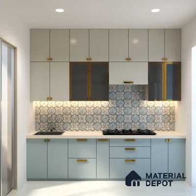 Modern kitchen with pastel blue and frosty white laminate, moroccan patterned backsplash tile, and quartz countertop in Bengaluru | Material Depot