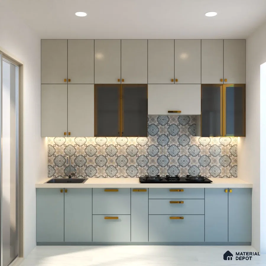 Modern kitchen with pastel blue and frosty white laminate, moroccan patterned backsplash tile, and quartz countertop in Bengaluru | Material Depot