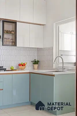 Modern kitchen with pastel blue and frosty white laminate, white quartz countertop, and scallop subway backsplash tile of 2 BHK in Purva Palm Beach Hennur Bengaluru | Material Depot